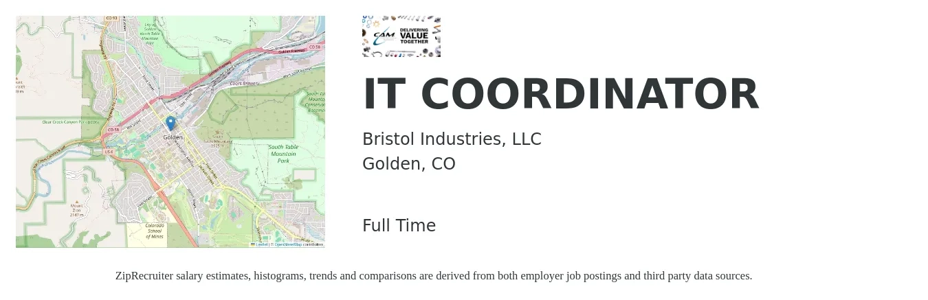 Bristol Industries, LLC job posting for a IT COORDINATOR in Golden, CO with a salary of $24 to $34 Hourly with a map of Golden location.