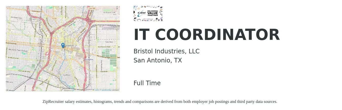 Bristol Industries, LLC job posting for a IT COORDINATOR in San Antonio, TX with a salary of $20 to $29 Hourly with a map of San Antonio location.