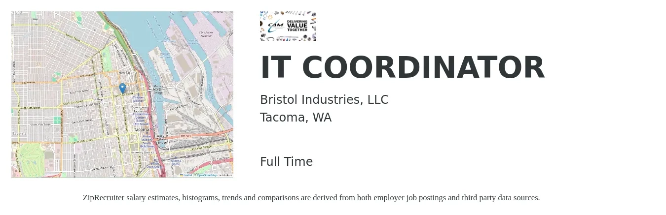 Bristol Industries, LLC job posting for a IT COORDINATOR in Tacoma, WA with a salary of $25 to $36 Hourly with a map of Tacoma location.