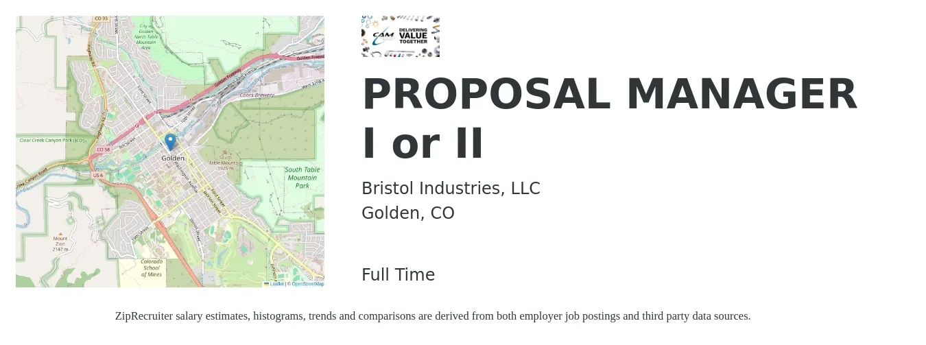 Bristol Industries, LLC job posting for a PROPOSAL MANAGER I or II in Golden, CO with a salary of $83,100 to $121,800 Yearly with a map of Golden location.