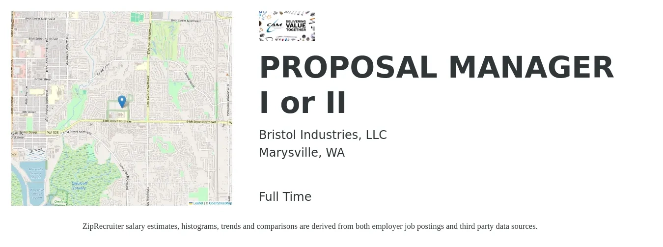 Bristol Industries, LLC job posting for a PROPOSAL MANAGER I or II in Marysville, WA with a salary of $88,500 to $129,800 Yearly with a map of Marysville location.