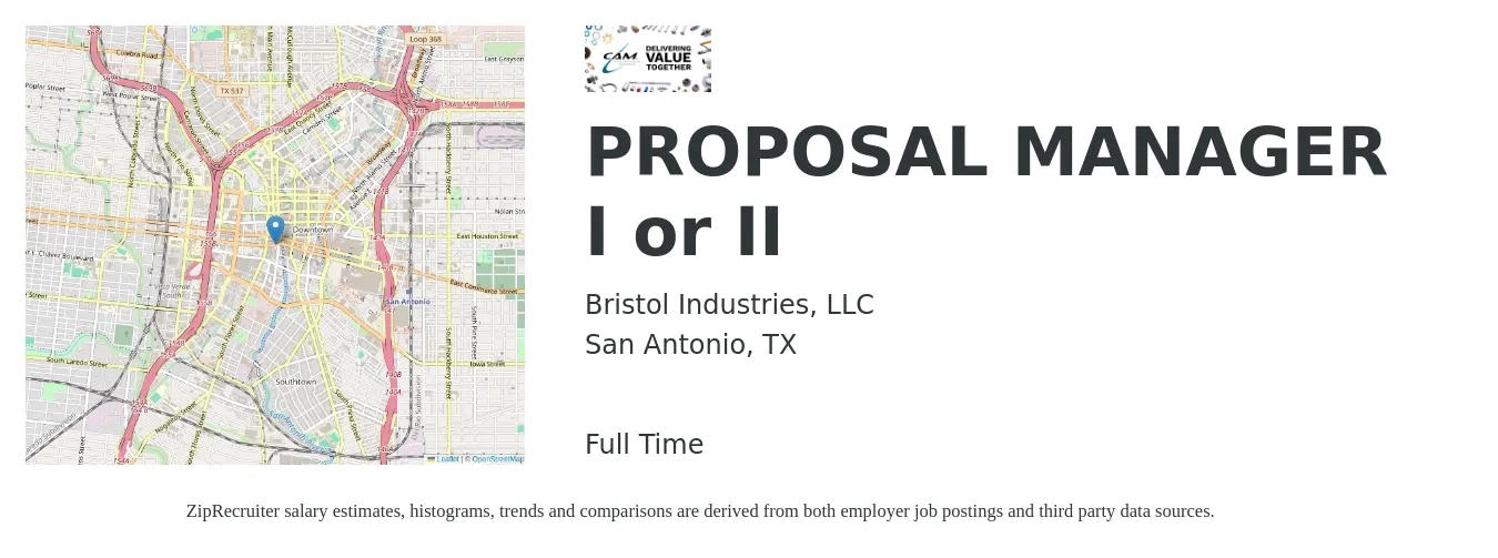 Bristol Industries, LLC job posting for a PROPOSAL MANAGER I or II in San Antonio, TX with a salary of $71,200 to $104,400 Yearly with a map of San Antonio location.
