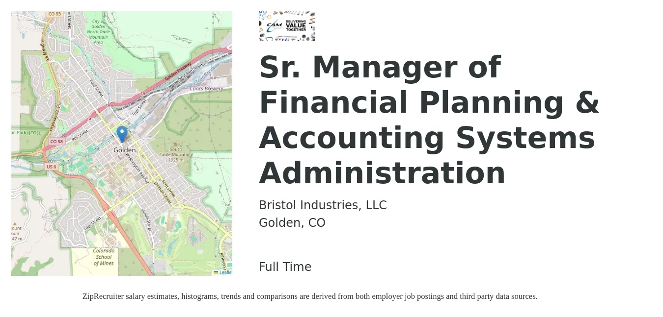Bristol Industries, LLC job posting for a Sr. Manager of Financial Planning & Accounting Systems Administration in Golden, CO with a salary of $85,700 to $135,800 Yearly with a map of Golden location.