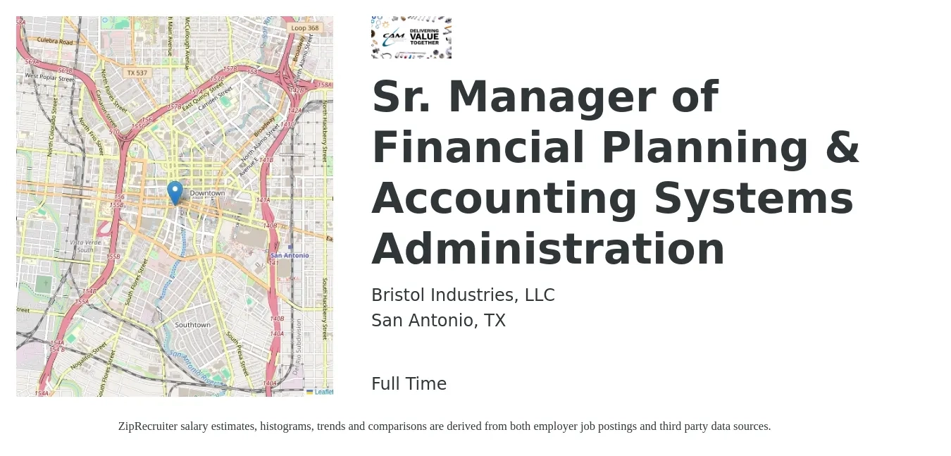 Bristol Industries, LLC job posting for a Sr. Manager of Financial Planning & Accounting Systems Administration in San Antonio, TX with a salary of $73,400 to $116,400 Yearly with a map of San Antonio location.