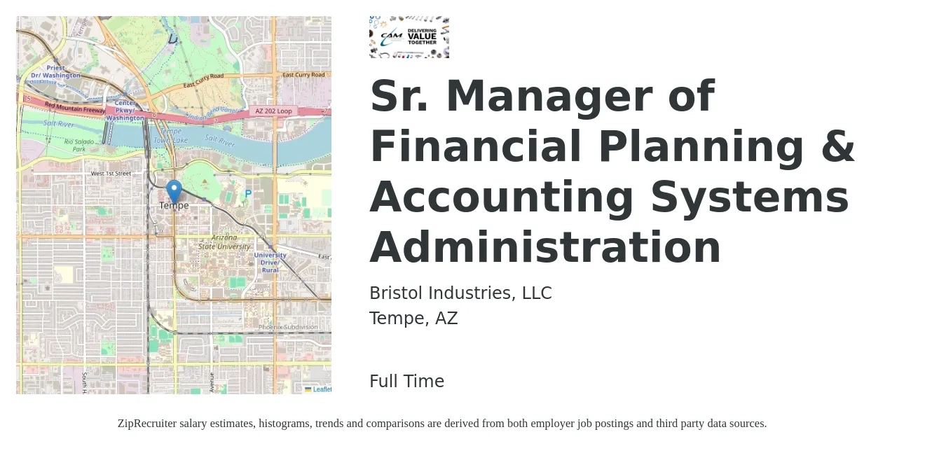Bristol Industries, LLC job posting for a Sr. Manager of Financial Planning & Accounting Systems Administration in Tempe, AZ with a salary of $80,600 to $127,800 Yearly with a map of Tempe location.