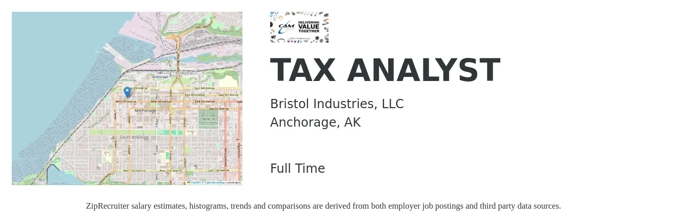 Bristol Industries, LLC job posting for a TAX ANALYST in Anchorage, AK with a salary of $58,300 to $100,800 Yearly with a map of Anchorage location.