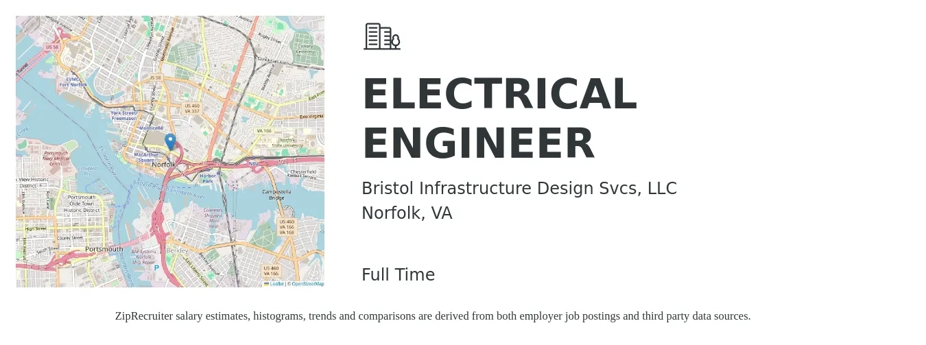 Bristol Infrastructure Design Svcs, LLC job posting for a ELECTRICAL ENGINEER in Norfolk, VA with a salary of $80,300 to $127,700 Yearly with a map of Norfolk location.