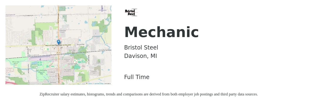 Bristol Steel job posting for a Mechanic in Davison, MI with a salary of $19 to $27 Hourly with a map of Davison location.