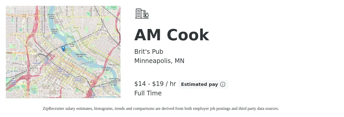Brit's Pub job posting for a AM Cook in Minneapolis, MN with a salary of $15 to $20 Hourly with a map of Minneapolis location.