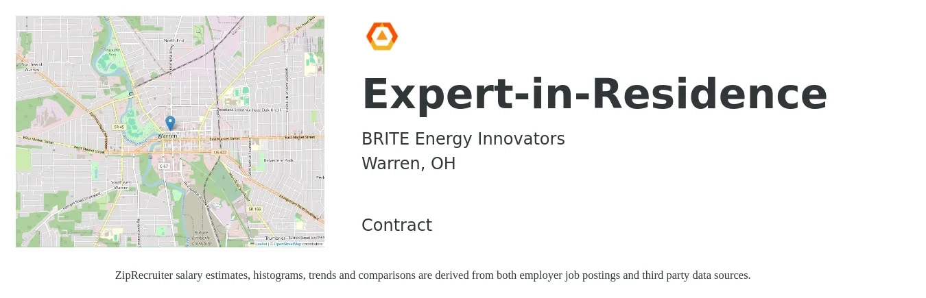 BRITE Energy Innovators job posting for a Expert-in-Residence in Warren, OH with a salary of $75 to $150 Hourly with a map of Warren location.