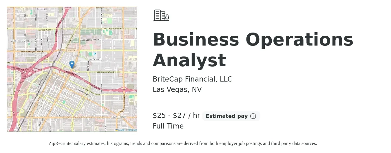 BriteCap Financial, LLC job posting for a Business Operations Analyst in Las Vegas, NV with a salary of $26 to $29 Hourly with a map of Las Vegas location.
