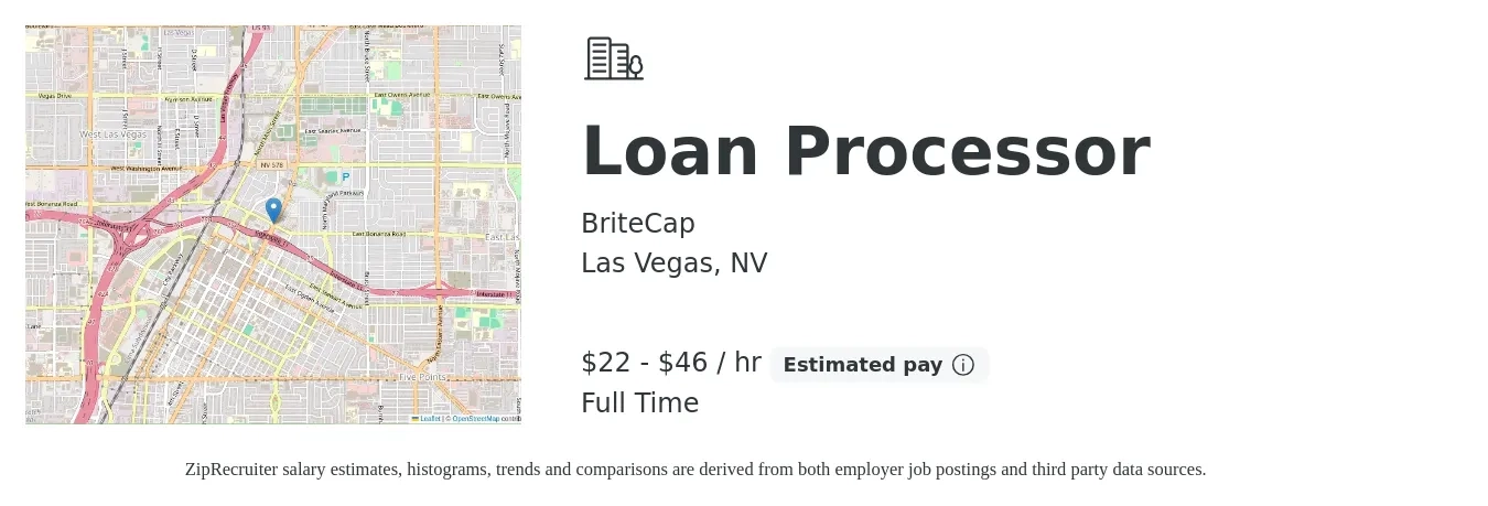 BriteCap job posting for a Loan Processor in Las Vegas, NV with a salary of $24 to $49 Hourly with a map of Las Vegas location.