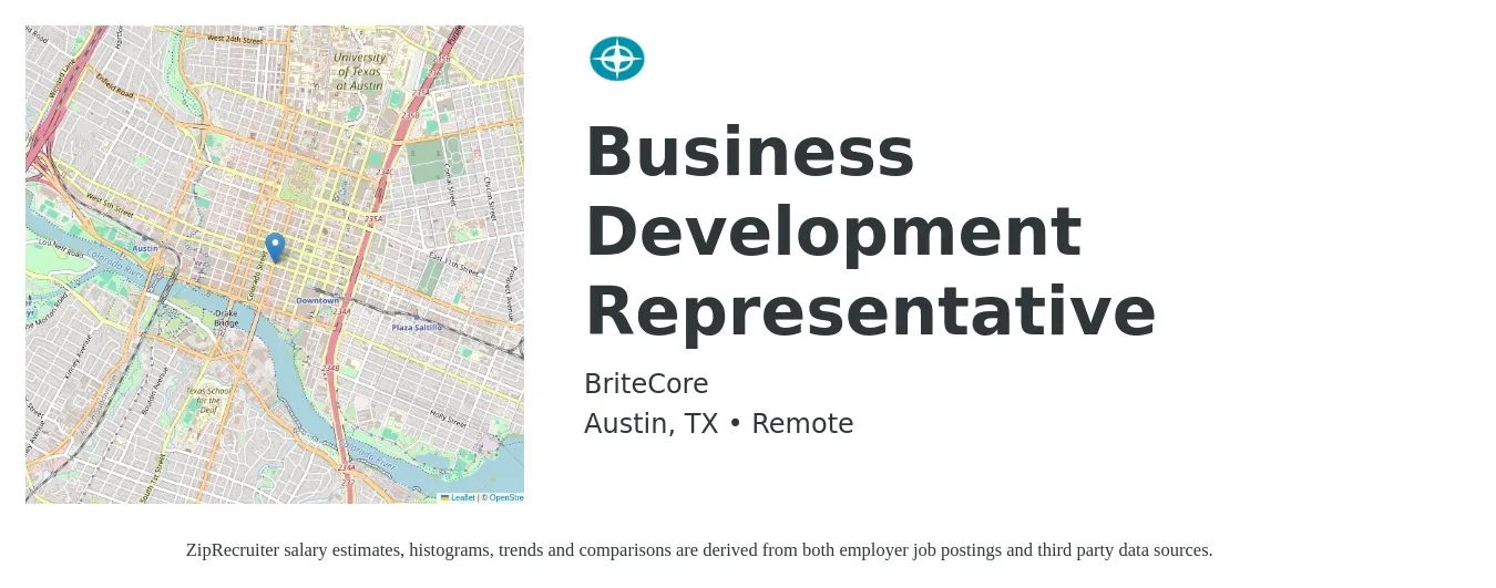 BriteCore job posting for a Business Development Representative in Austin, TX with a salary of $44,600 to $69,400 Yearly with a map of Austin location.