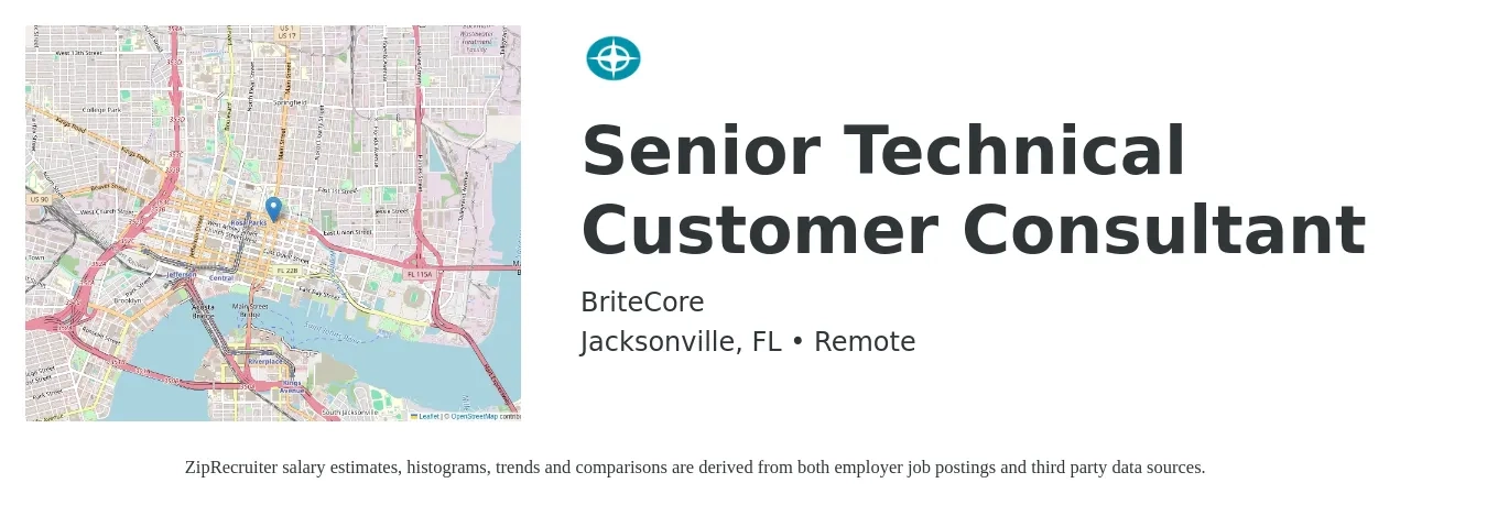 BriteCore job posting for a Senior Technical Customer Consultant in Jacksonville, FL with a salary of $75,100 to $114,900 Yearly with a map of Jacksonville location.