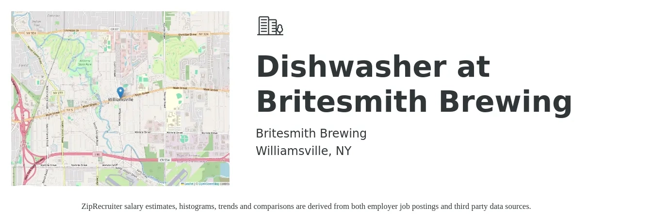Britesmith Brewing job posting for a Dishwasher at Britesmith Brewing in Williamsville, NY with a salary of $12 to $15 Hourly with a map of Williamsville location.