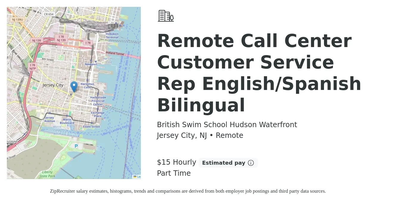 British Swim School Hudson Waterfront job posting for a Remote Call Center Customer Service Rep English/Spanish Bilingual in Jersey City, NJ with a salary of $16 Hourly with a map of Jersey City location.