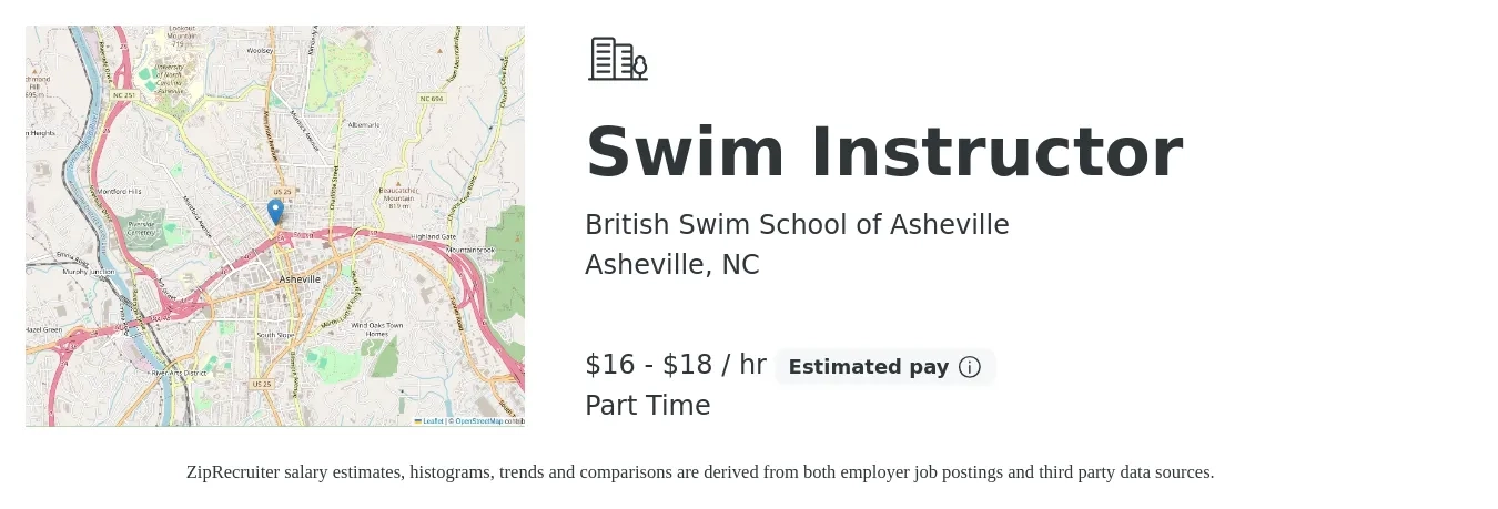 British Swim School of Asheville job posting for a Swim Instructor in Asheville, NC with a salary of $17 to $19 Hourly with a map of Asheville location.