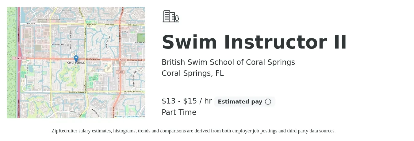 British Swim School of Coral Springs job posting for a Swim Instructor II in Coral Springs, FL with a salary of $14 to $16 Hourly with a map of Coral Springs location.