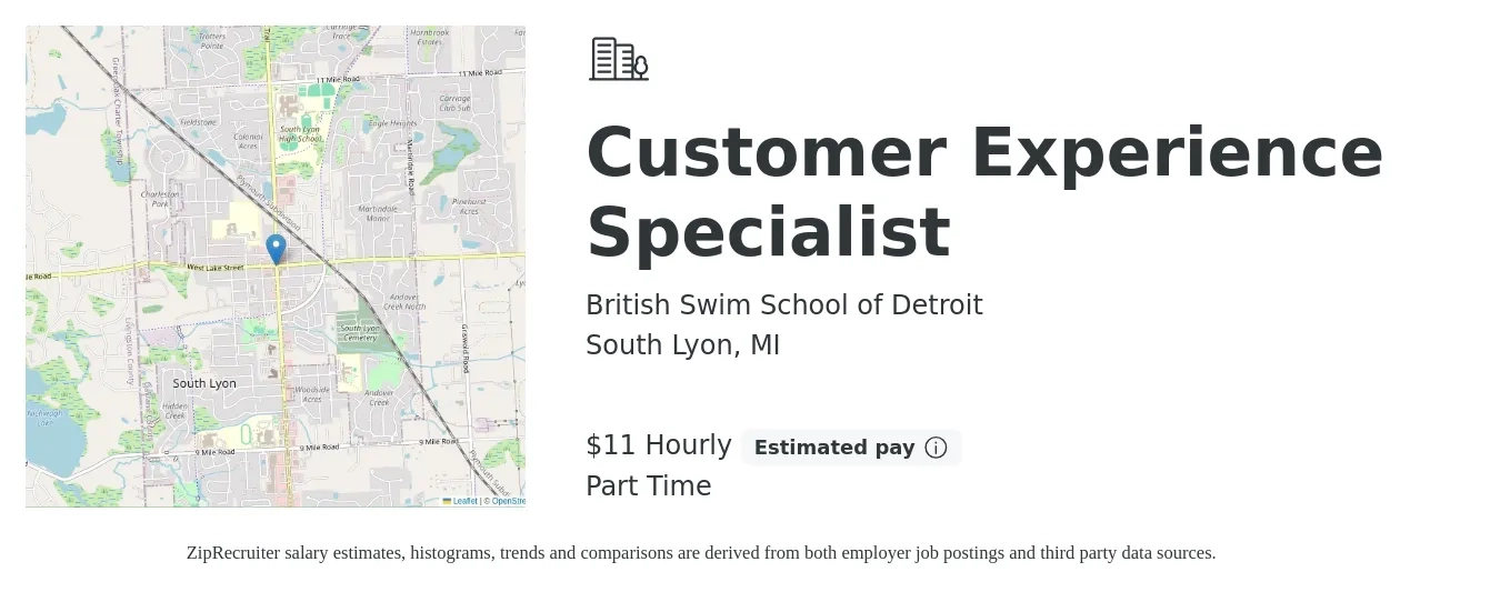 British Swim School of Detroit job posting for a Customer Experience Specialist in South Lyon, MI with a salary of $12 Hourly with a map of South Lyon location.