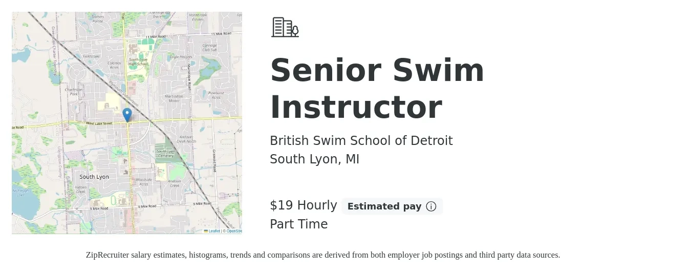 British Swim School of Detroit job posting for a Senior Swim Instructor in South Lyon, MI with a salary of $20 Hourly with a map of South Lyon location.