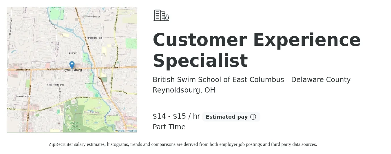 British Swim School of East Columbus - Delaware County job posting for a Customer Experience Specialist in Reynoldsburg, OH with a salary of $15 to $16 Hourly with a map of Reynoldsburg location.