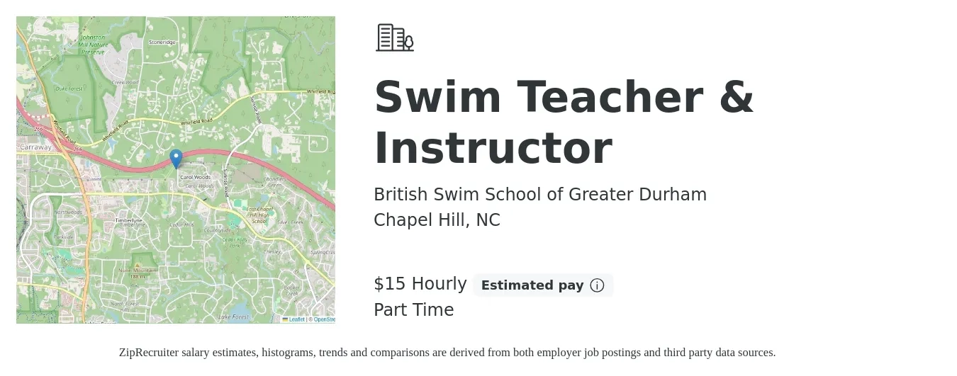 British Swim School of Greater Durham job posting for a Swim Teacher & Instructor in Chapel Hill, NC with a salary of $15 to $16 Hourly with a map of Chapel Hill location.