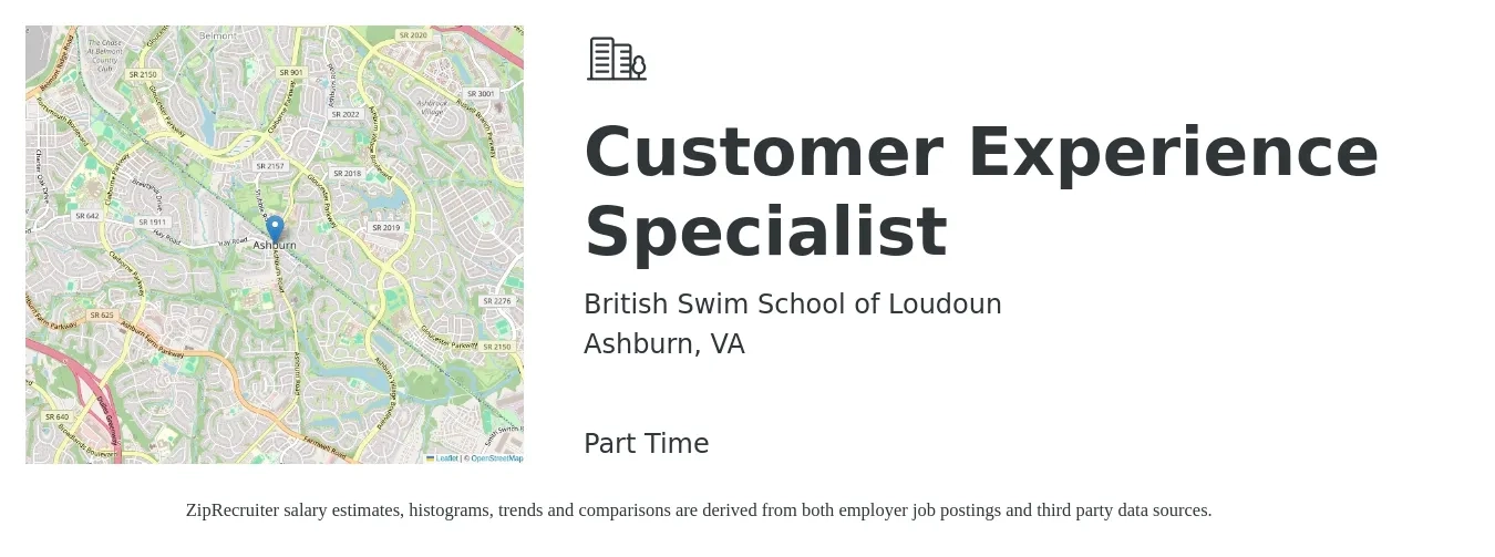 British Swim School of Loudoun job posting for a Customer Experience Specialist in Ashburn, VA with a salary of $18 to $25 Monthly with a map of Ashburn location.
