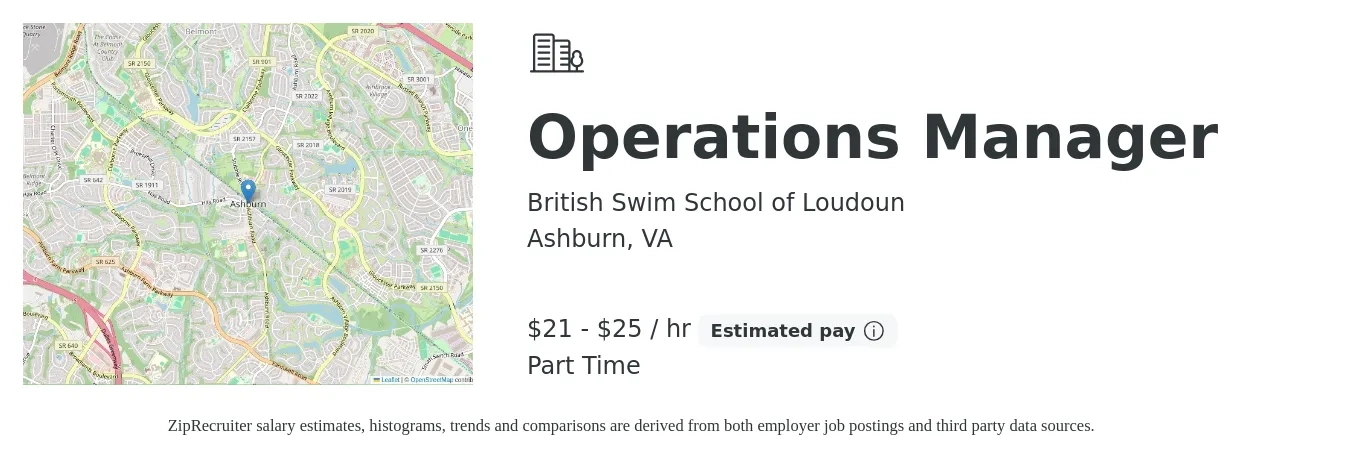 British Swim School of Loudoun job posting for a Operations Manager in Ashburn, VA with a salary of $22 to $27 Hourly with a map of Ashburn location.
