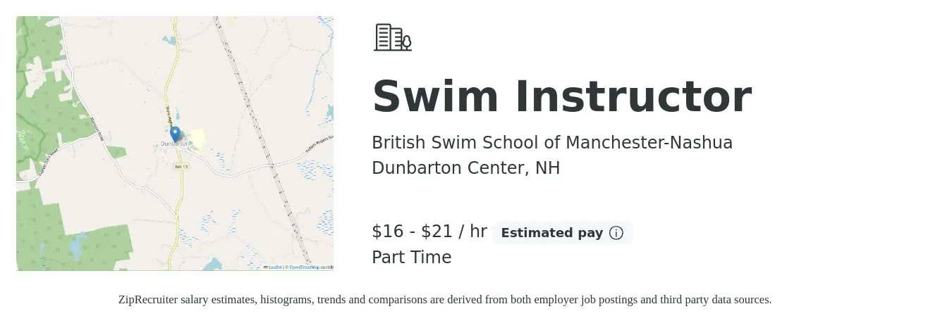 British Swim School of Manchester-Nashua job posting for a Swim Instructor in Dunbarton Center, NH with a salary of $17 to $22 Hourly with a map of Dunbarton Center location.
