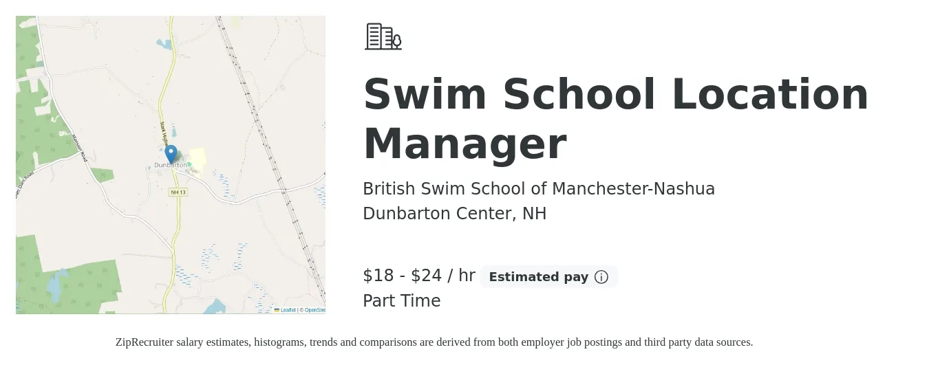 British Swim School of Manchester-Nashua job posting for a Swim School Location Manager in Dunbarton Center, NH with a salary of $19 to $25 Hourly with a map of Dunbarton Center location.