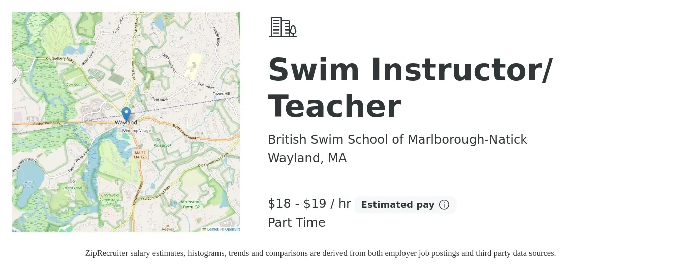 British Swim School of Marlborough-Natick job posting for a Swim Instructor/ Teacher in Wayland, MA with a salary of $19 to $20 Hourly with a map of Wayland location.
