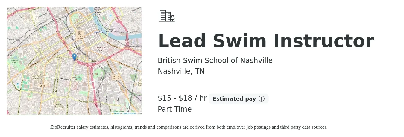 British Swim School of Nashville job posting for a Lead Swim Instructor in Nashville, TN with a salary of $16 to $19 Hourly with a map of Nashville location.