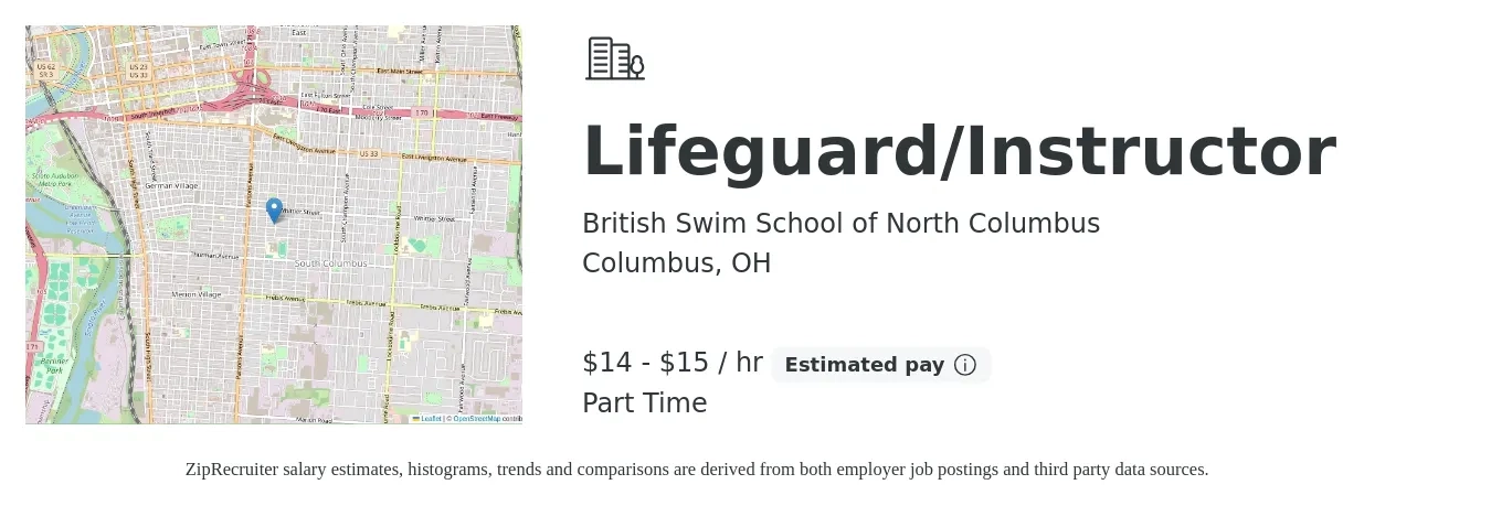 British Swim School of North Columbus job posting for a Lifeguard/Instructor in Columbus, OH with a salary of $15 to $16 Hourly with a map of Columbus location.