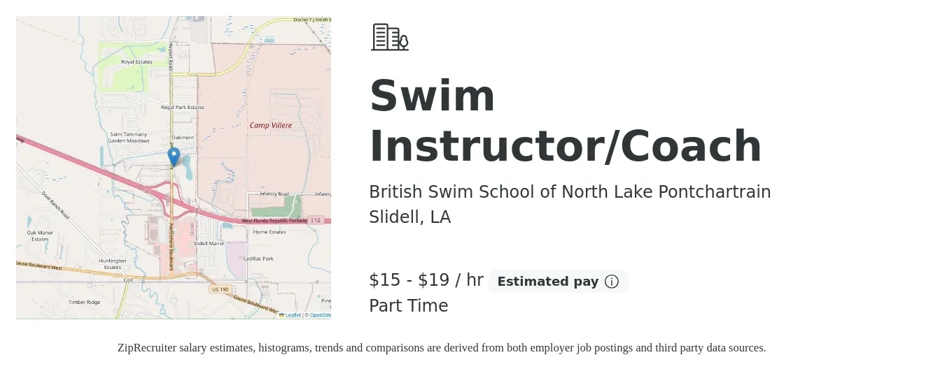 British Swim School of North Lake Pontchartrain job posting for a Swim Instructor/Coach in Slidell, LA with a salary of $16 to $20 Hourly with a map of Slidell location.