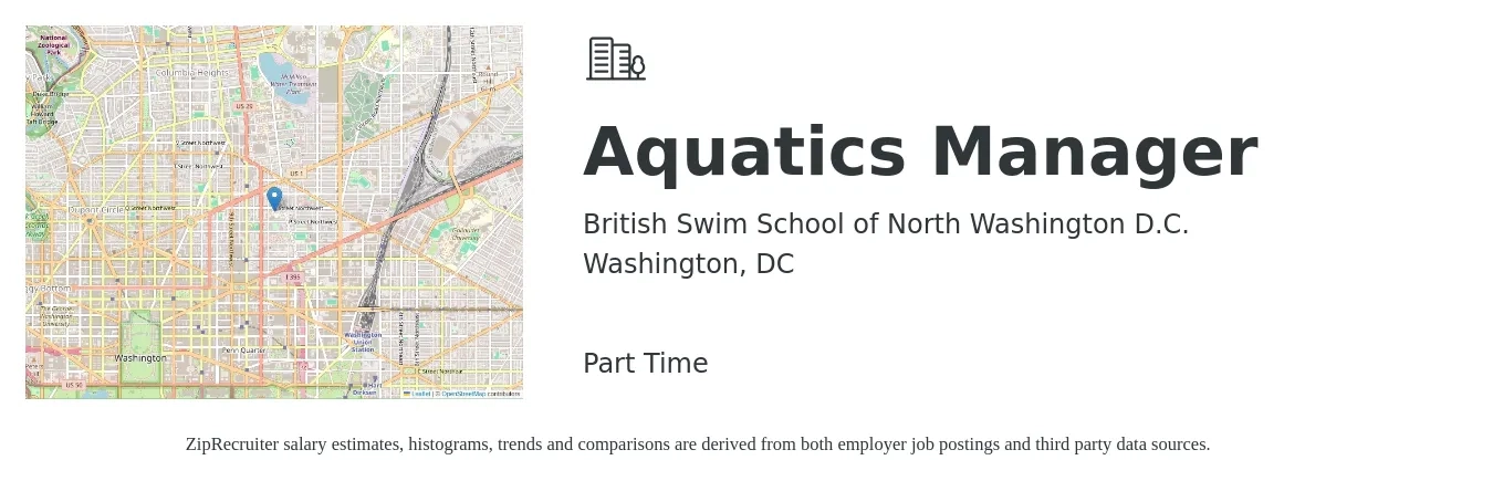 British Swim School of North Washington D.C. job posting for a Aquatics Manager in Washington, DC with a salary of $20 to $30 Hourly with a map of Washington location.