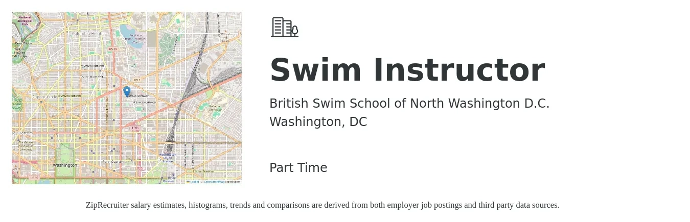 British Swim School of North Washington D.C. job posting for a Swim Instructor in Washington, DC with a salary of $17 to $24 Hourly with a map of Washington location.
