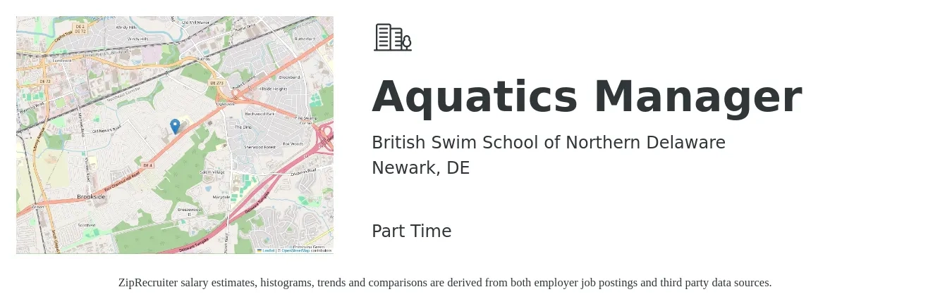 British Swim School of Northern Delaware job posting for a Aquatics Manager in Newark, DE with a salary of $18 to $26 Hourly with a map of Newark location.
