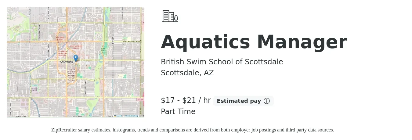 British Swim School of Scottsdale job posting for a Aquatics Manager in Scottsdale, AZ with a salary of $18 to $22 Hourly with a map of Scottsdale location.