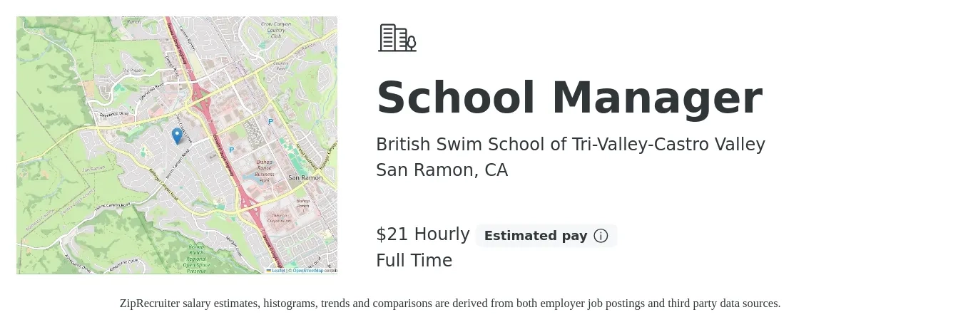British Swim School of Tri-Valley-Castro Valley job posting for a School Manager in San Ramon, CA with a salary of $22 Hourly with a map of San Ramon location.