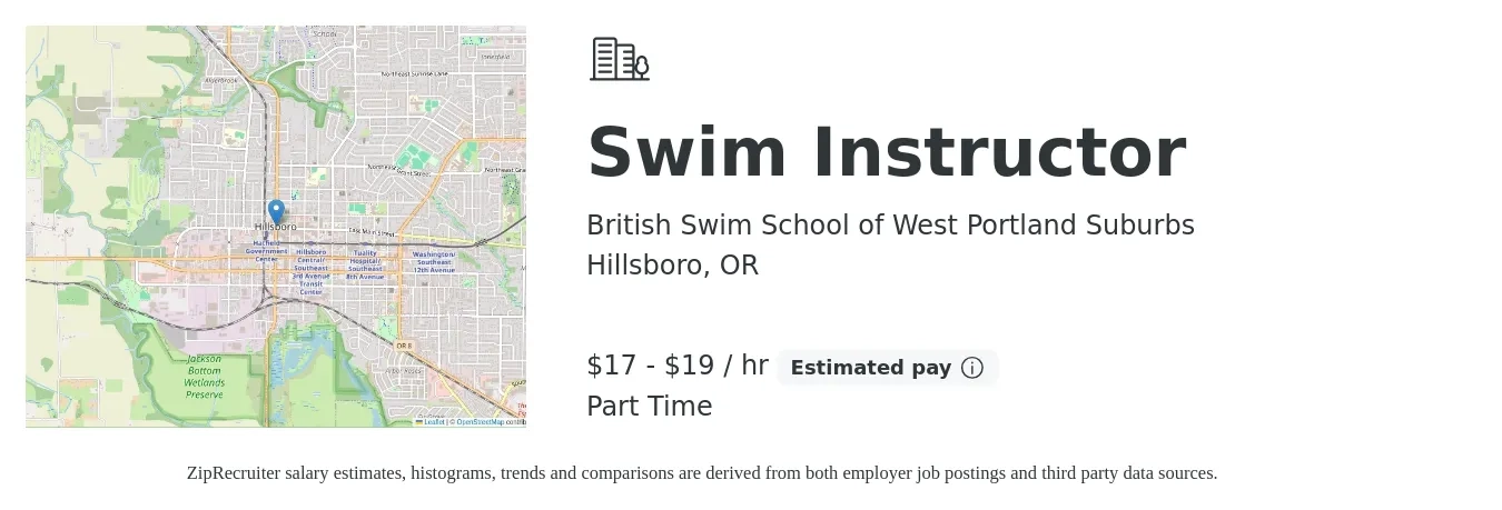 British Swim School of West Portland Suburbs job posting for a Swim Instructor in Hillsboro, OR with a salary of $18 to $20 Hourly with a map of Hillsboro location.