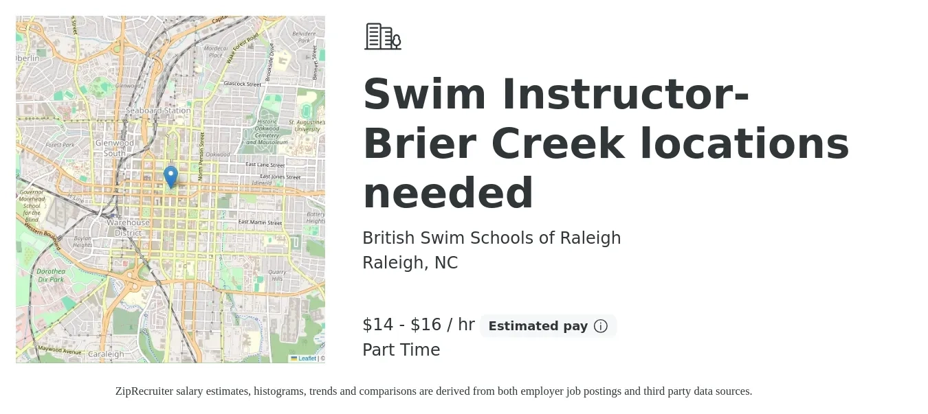 British Swim Schools of Raleigh job posting for a Swim Instructor- Brier Creek locations needed in Raleigh, NC with a salary of $15 to $17 Hourly with a map of Raleigh location.
