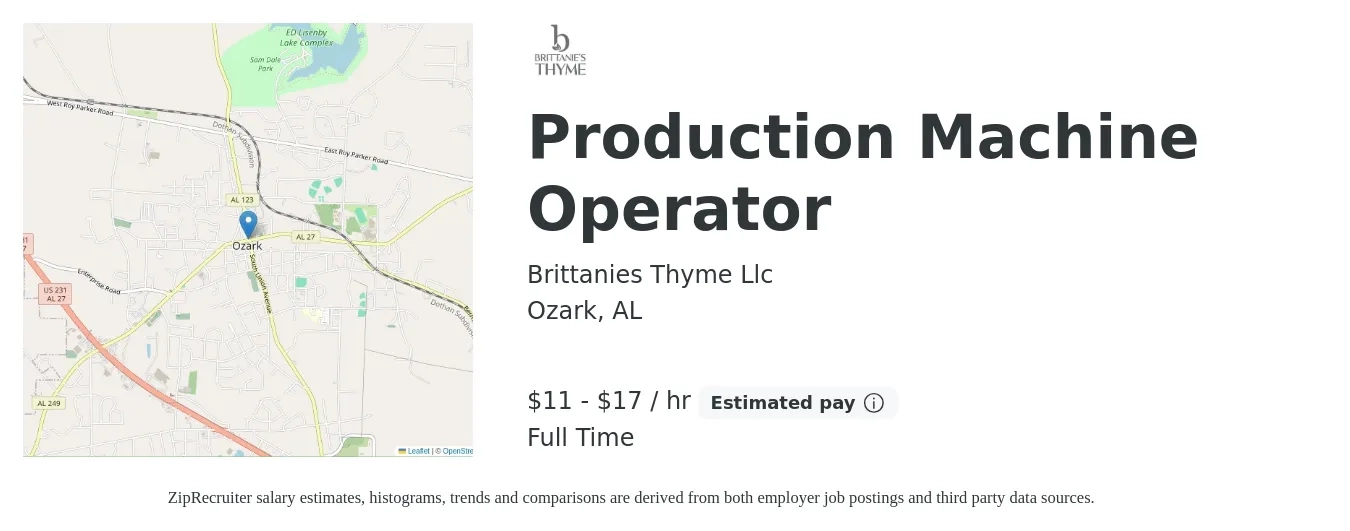 Brittanies Thyme Llc job posting for a Production Machine Operator in Ozark, AL with a salary of $12 to $18 Hourly with a map of Ozark location.
