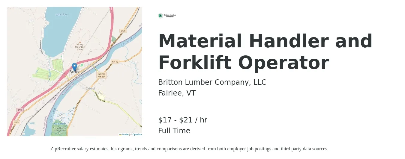 Britton Lumber Company job posting for a Material Handler and Forklift Operator in Fairlee, VT with a salary of $18 to $22 Hourly with a map of Fairlee location.