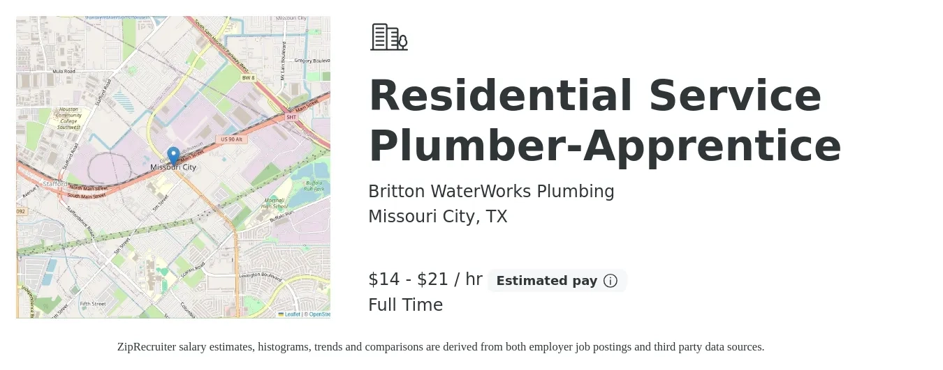 Britton WaterWorks Plumbing job posting for a Residential Service Plumber-Apprentice in Missouri City, TX with a salary of $15 to $22 Hourly with a map of Missouri City location.