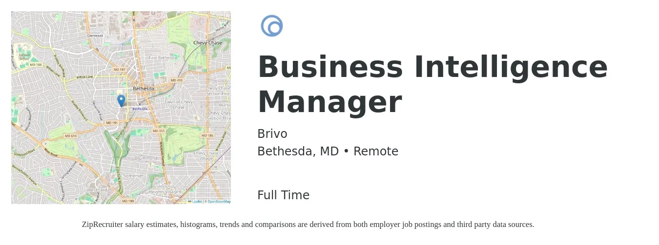 Brivo job posting for a Business Intelligence Manager in Bethesda, MD with a salary of $100,300 to $152,100 Yearly with a map of Bethesda location.
