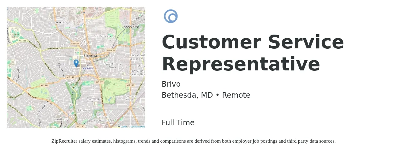 Brivo job posting for a Customer Service Representative in Bethesda, MD with a salary of $17 to $23 Hourly with a map of Bethesda location.