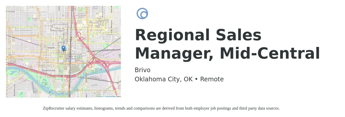 Brivo job posting for a Regional Sales Manager, Mid-Central in Oklahoma City, OK with a salary of $66,900 to $104,500 Yearly with a map of Oklahoma City location.