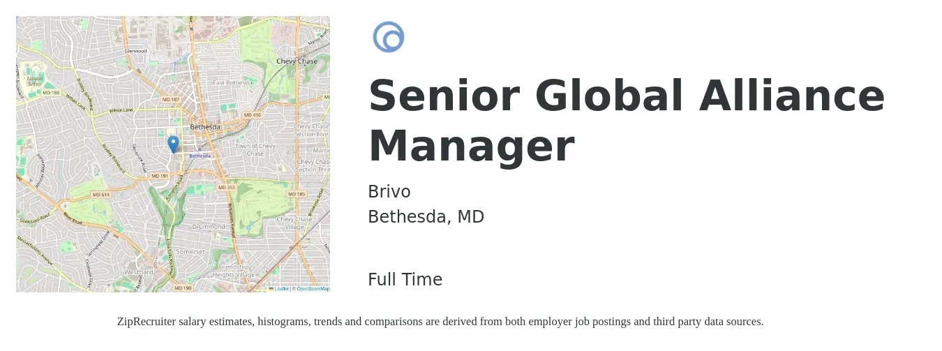 Brivo job posting for a Senior Global Alliance Manager in Bethesda, MD with a salary of $121,100 to $167,000 Yearly with a map of Bethesda location.