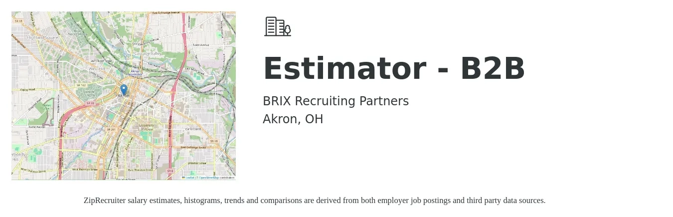 BRIX Recruiting Partners job posting for a Estimator - B2B in Akron, OH with a salary of $59,300 to $94,700 Yearly with a map of Akron location.