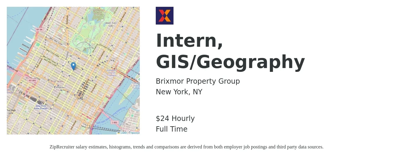 Brixmor Property Group job posting for a Intern, GIS/Geography in New York, NY with a salary of $25 Hourly with a map of New York location.